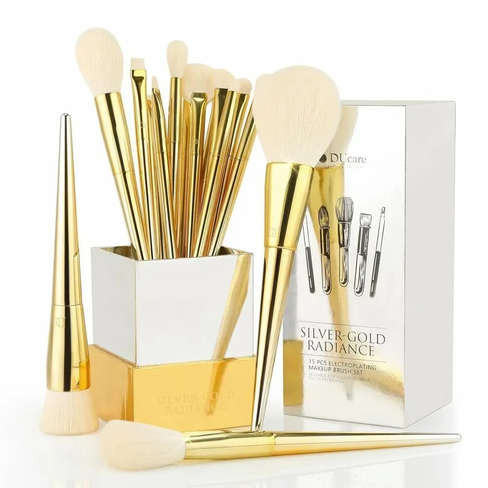 DUcare Christmas 15Pcs Gold-Silver Premium Synthetic Makeup Brushes With Holder